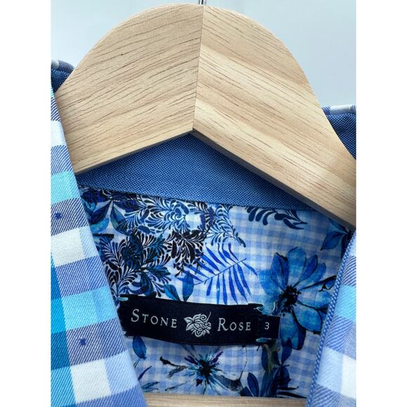 Stone Rose Shirt Men 3 Blue Plaid Long Sleeve Collared Button Up 100% Cotton - Picture 6 of 10